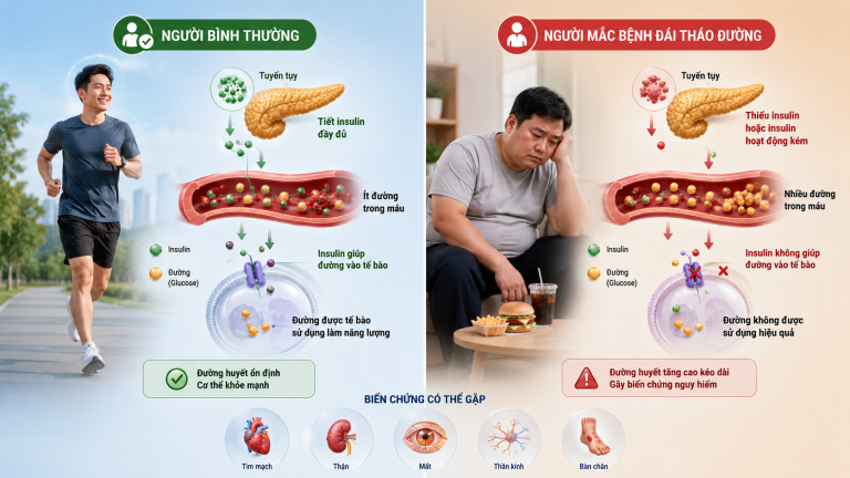Sự khác biệt giữa người bình thường và người mắc bệnh đái tháo đường.
