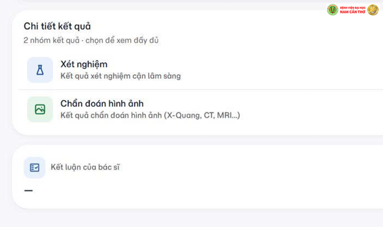 Để xem kết quả X-quang, CT scan hoặc MRI, tại giao diện trang chủ, khách hàng chọn “Chi tiết kết quả”, sau đó truy cập mục “Chẩn đoán hình ảnh”.