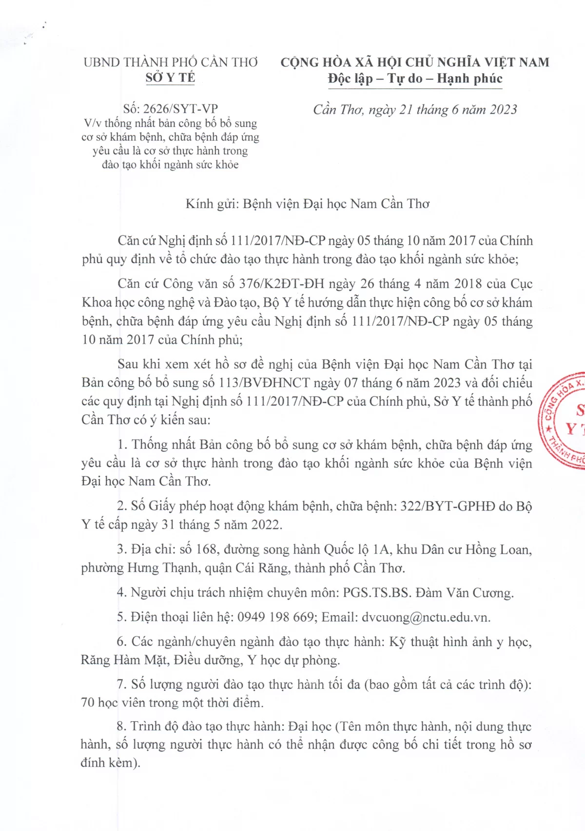 Công văn số 2626/SYT-VP của Sở Y Tế Thành phố Cần Thơ về việc thống nhất bản công bố bổ sung cơ sở khám bệnh, chữa bệnh đáp ứng yêu cầu là cơ sở thực hành trong đào tạo khối ngành sức khỏe - Bệnh viện Đại học Nam Cần Thơ 1 2626 Page 1 1