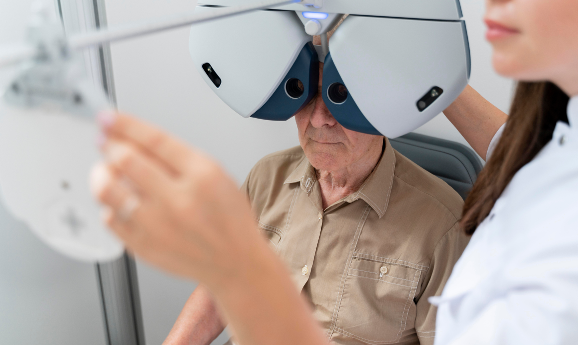 man having eye sight check ophthalmology clinic