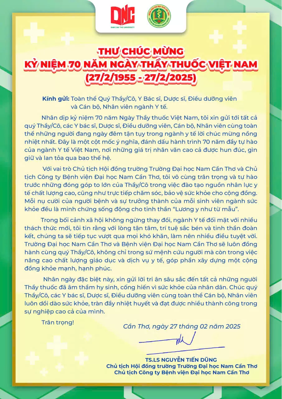 THƯ CHÚC MỪNG KỶ NIỆM 70 NĂM NGÀY THẦY THUỐC VIỆT NAM (27/02/1955-27/02/2025)