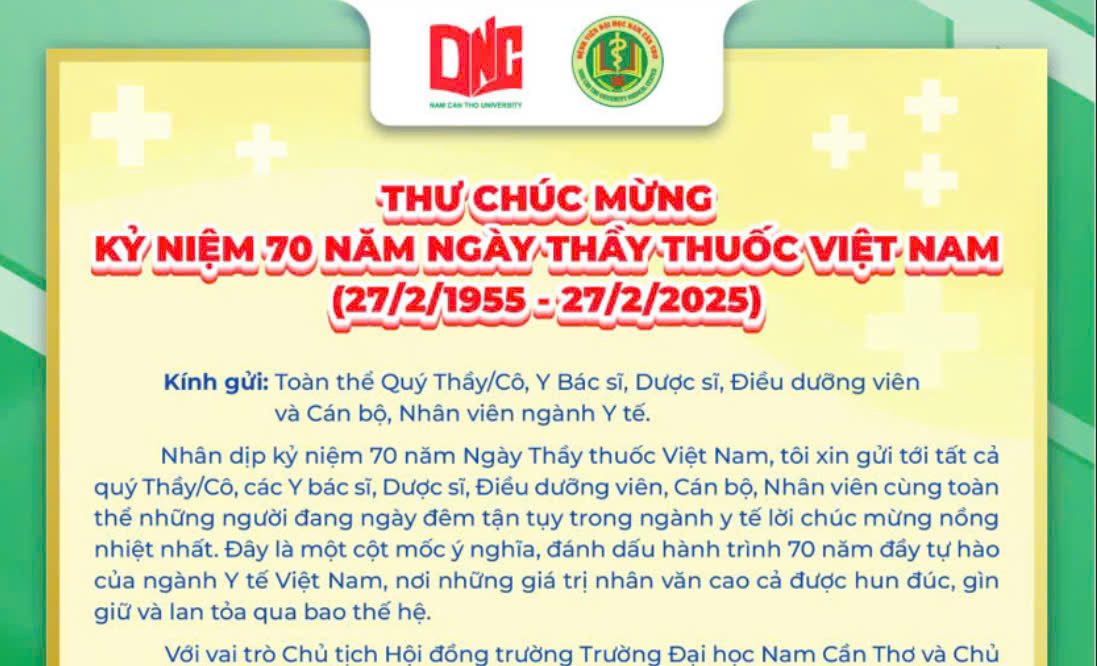 THƯ CHÚC MỪNG KỶ NIỆM 70 NĂM NGÀY THẦY THUỐC VIỆT NAM (27/02/1955-27/02/2025)