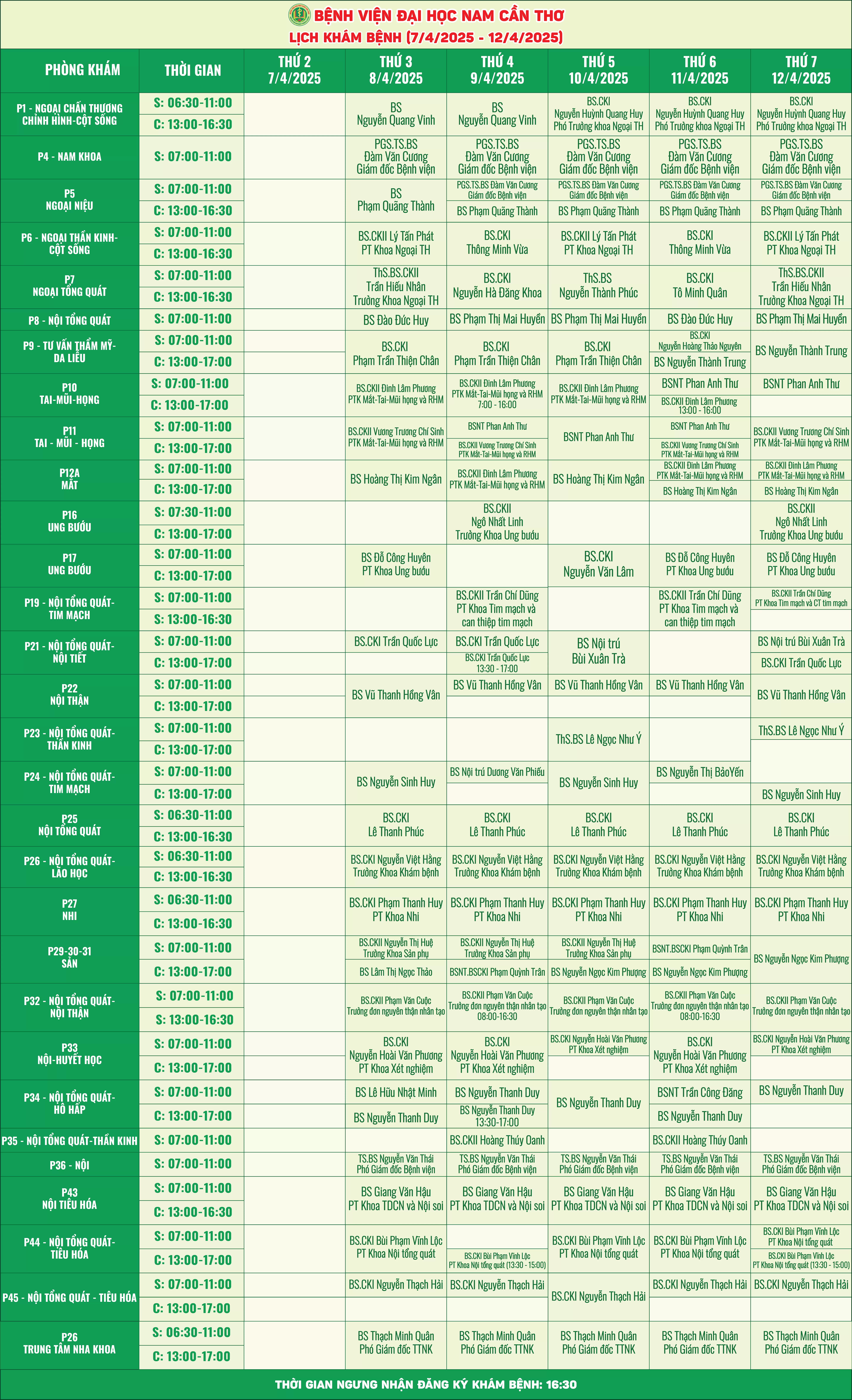LỊCH KHÁM CỦA CÁC BÁC SĨ TẠI BỆNH VIỆN ĐẠI HỌC NAM CẦN THƠ 07/04/2025-12/04/2025 1 Artboard 1LICH KHAM BENH
