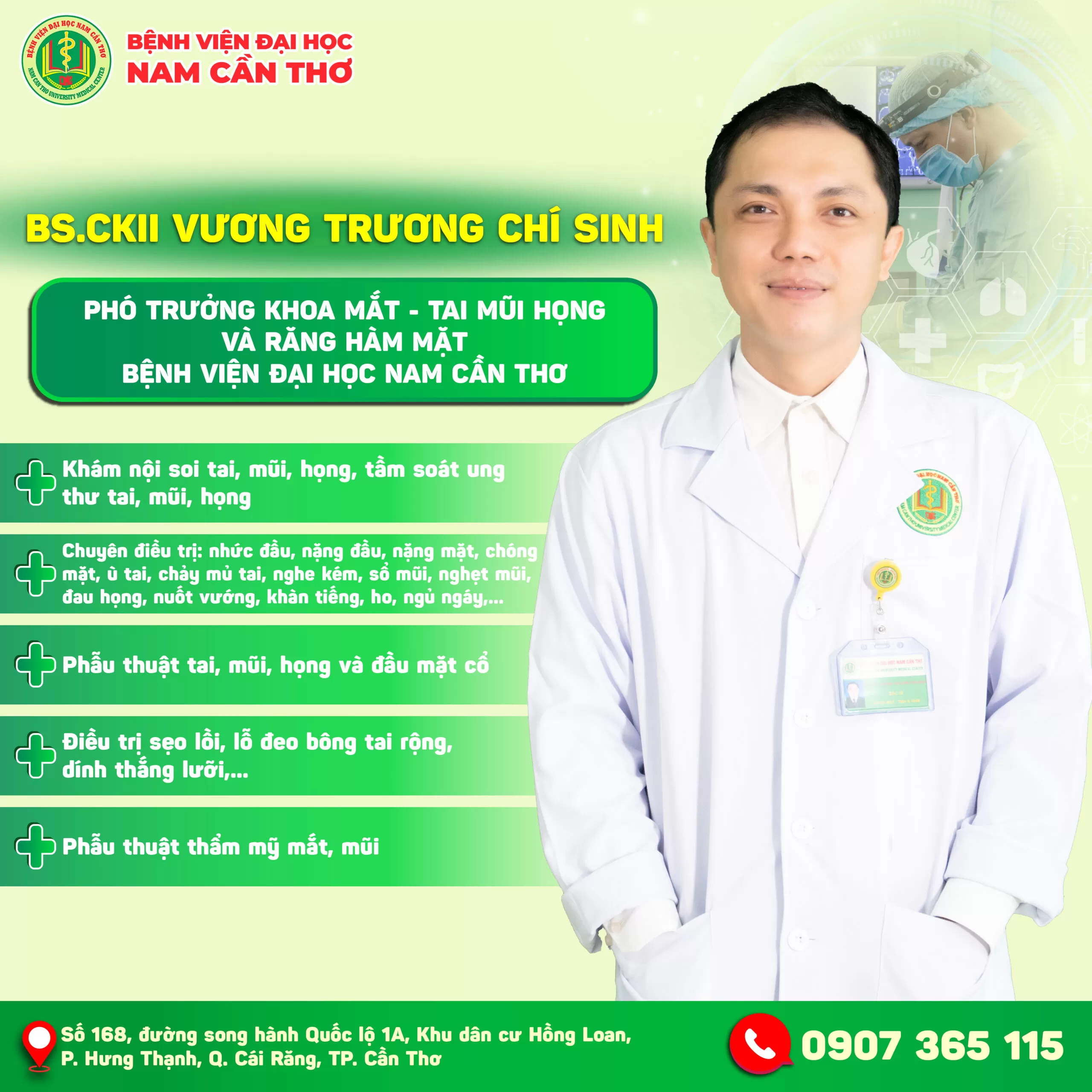 ☘️Suốt 18 năm kinh nghiệm trong lĩnh vực Tai – Mũi – Họng, BS.CKII Vương Trương Chí Sinh đã tích lũy nhiều kinh nghiệm quý báu và giúp đỡ được nhiều bệnh nhân từ bệnh lý đơn giản đến phức tạp. Với tay nghề vững vàng và sự tận tâm với nghề, hiện BS.CKII Vương Trương Chí Sinh đang đảm nhiệm vai trò Phó Trưởng khoa Mắt – Tai Mũi Họng – Răng Hàm Mặt tại Bệnh viện Đại học Nam Cần Thơ.